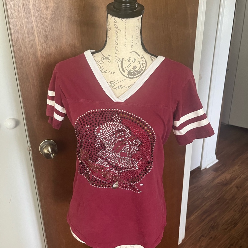 FSU Seminoles Women's Maroon Sequin Logo V-Neck Top